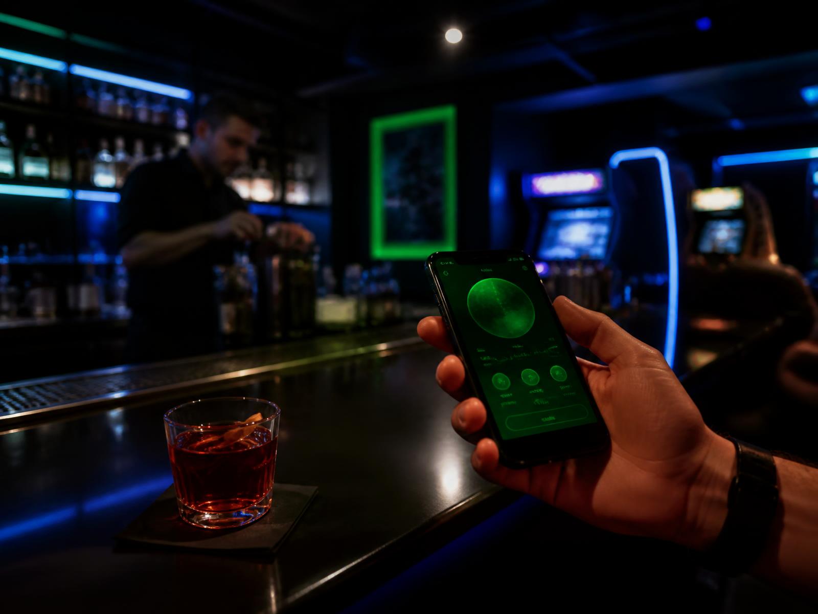 Bar guest closing their tab on a phone at a dark arcade bar